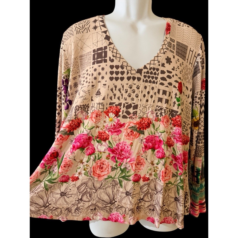 Johnny Was Women Tee L‎ Bamboo Patchwork Floral Long Sleeve Swing Boho R16120B - Picture 2 of 9